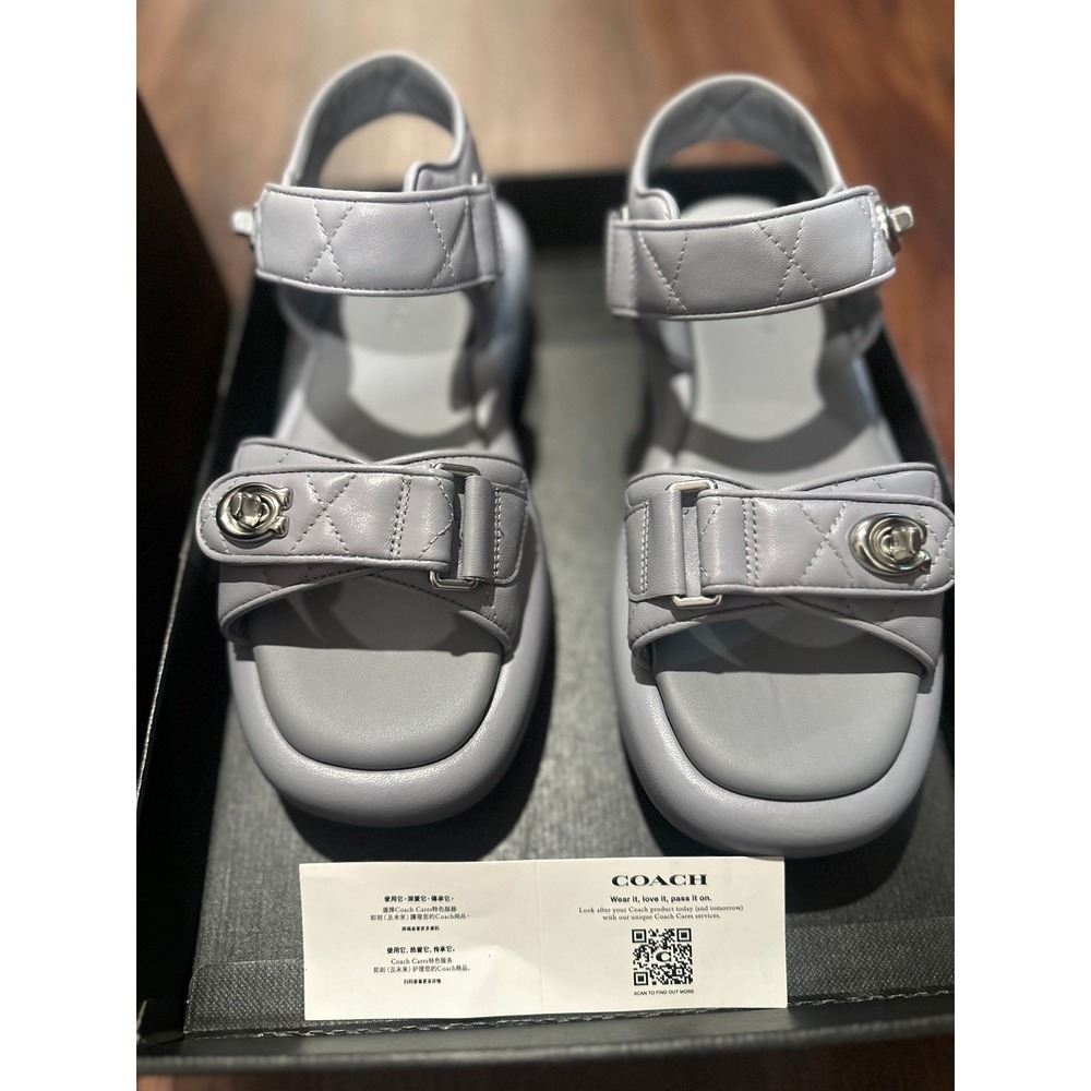 Coach Peyton Leather Quilted Sandals Grey Blue Women's Size 5.5 Retail $195